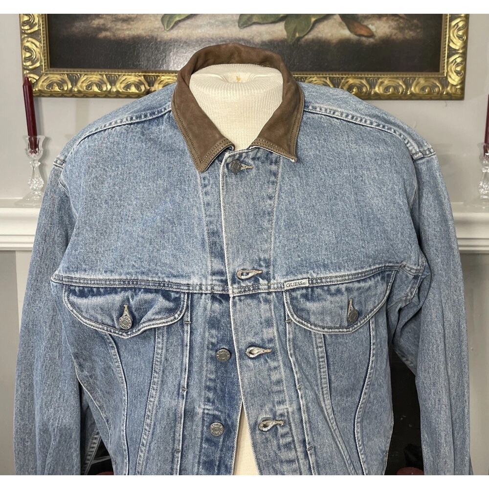 Guess Light Blue Denim Jacket with Brown Corduroy Collar - Picture 2 of 7